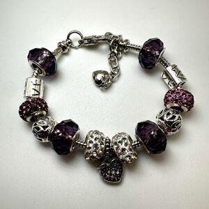 Pandora-style, silver tone purple glass, pink/white rhinestone beaded bracelet!